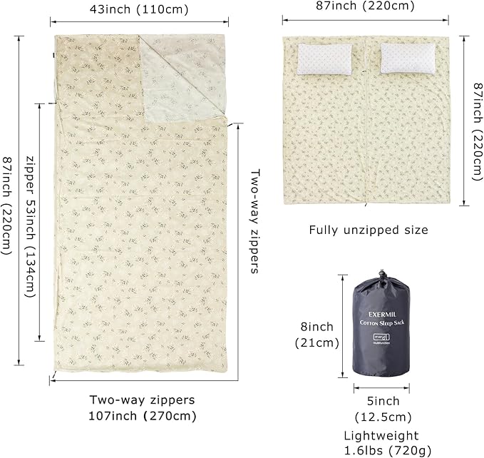 100% Cotton Sleeping Bag Liner with Full Length Zipper on 3 Sides Single/Double Adult Sleep Sack for Travel &amp Camping Multifunctional Travel Sheets (Unzipped 87”x87”) for Hotel Lightweight