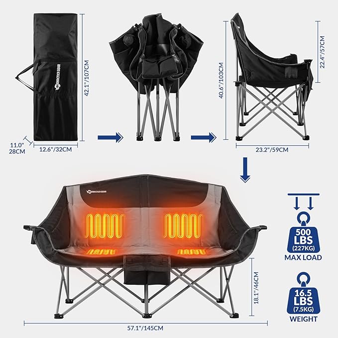 ANTARCTICA GEAR Heated Double Camping Chair 2-Person Folding Chair with 12V 16000mAh Battery Pack Heated Portable Loveseat Chair for Outdoor