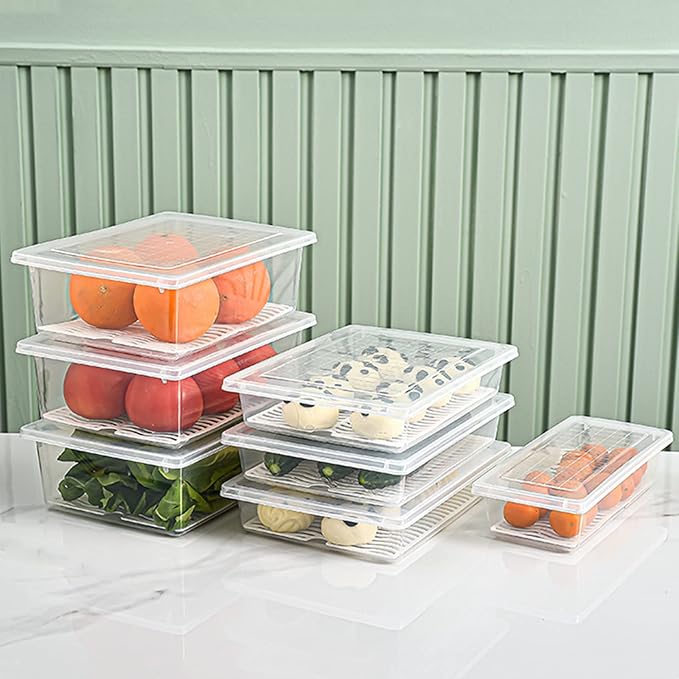 Food Storage Container Plastic Food Containers with Removable Drain Plate and Lid Stackable Portable Freezer Storage Containers - Tray to Keep Fruits Vegetables Meat (X-Large(4PCS))