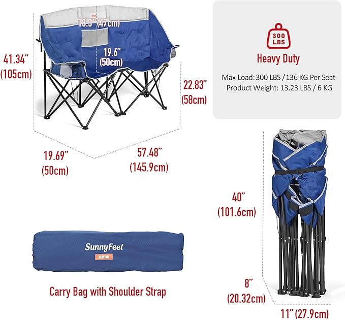 SUNNYFEEL Heated Double Camping Chair Outdoor Portable Loveseat Chair Heavy Duty Folding Lawn Chairs with Storage for Beach/Tailgate/Travel/Picnic Foldable Duo Camp Chairs for Adults 2 People
