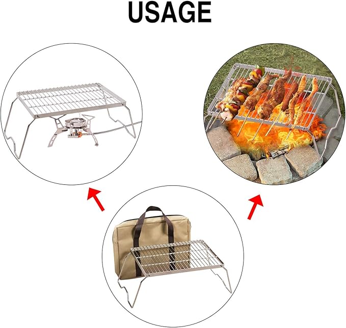 REDCAMP 13.6 Small Folding Campfire Grill 304 Stainless Steel Firepit Grill Grate Heavy Duty Portable Camping Grill with Carrying Bag for Outdoor Cooking Backpacking Hiking Picnics BBQ