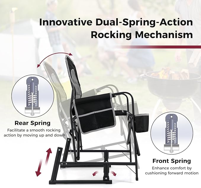 Goplus Outdoor Rocker Camping Chairs for Adults Portable Folding Chair w/Dual Springs Padded Back Cup Holder Storage Pocket Heavy-Duty Rocking Arm Chair for Beach Lawn Travel Fishing(2Black)