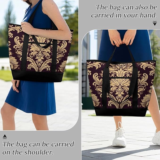 Insulated Shopping BagLarge Reusable Cooler Bags Damask Pattern Printed Foldable Shopping BagTravel Waterproof Shoulder Bag