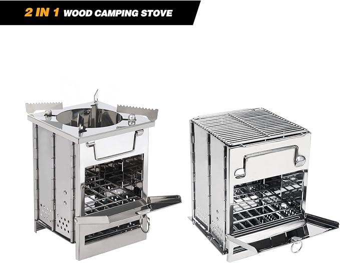 REDCAMP Wood Burning Folding Camp Stove Stainless Steel Grill and Pot Stand Portable Collapsible Backpacking Stove Survival Rocket Stove for Hiking Outdoor Tent Camping Picnic Largel with Pot Stand