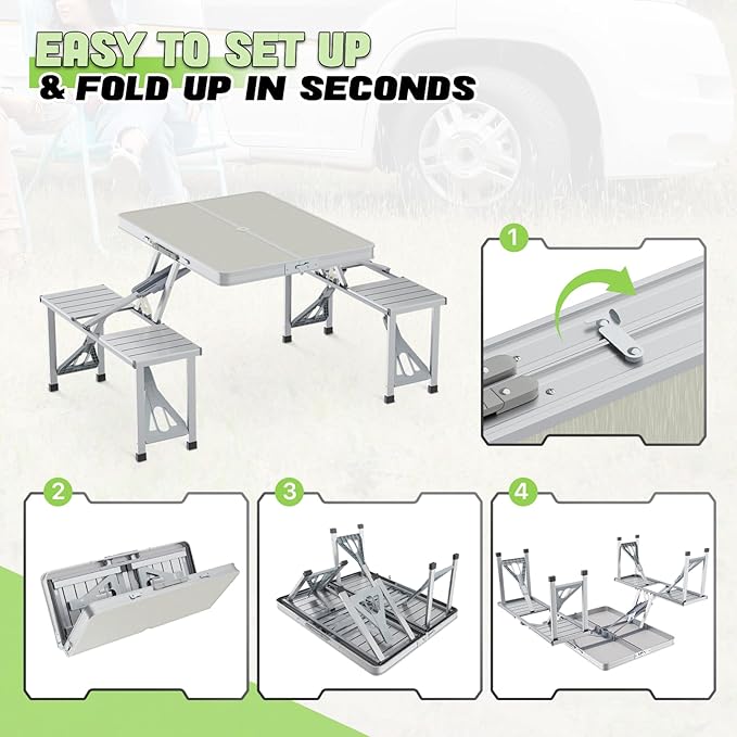 Magshion Folding Picnic Table with 4 Seats Portable Camping Table with Adjustable Height Umbrella Hole Easy Setup for Outdoor Tailgating &amp Travel Silver