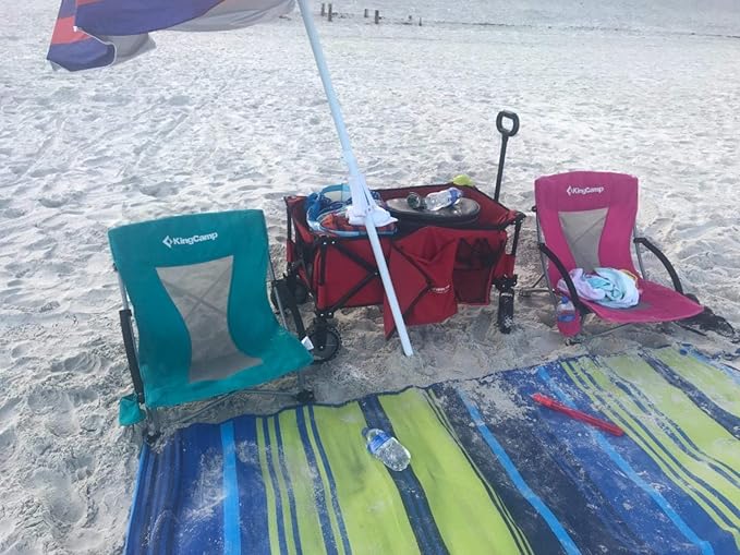 KingCamp Low Beach Chair High Back Folding Camping Chair for Adults Oversized Breathable Mesh Seat 300lbs Heavy Duty Portable Chair with Cup Holder &amp Storage Pockets for Beach Outdoor