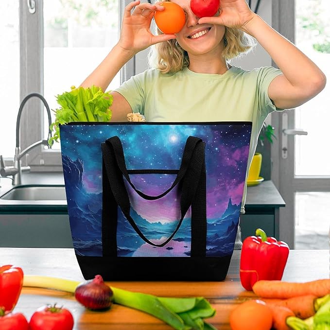 Insulated Shopping BagLarge Reusable Cooler Bags Cool Star River Printed Foldable Shopping BagTravel Waterproof Shoulder Bag