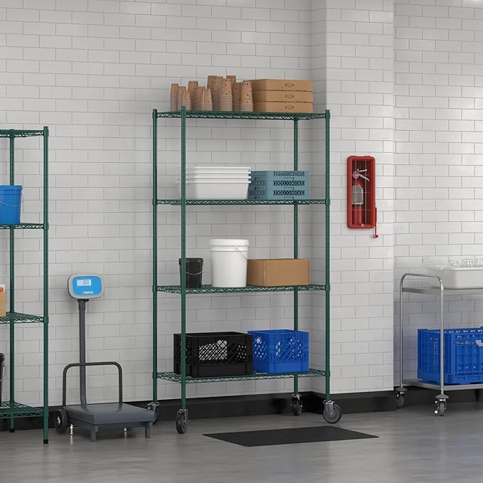 Commercial NSF Listed Green Epoxy Mobile Wire Shelving Kit 18 x 42 x 80 with 4 Shelves Perfect for Warehouse Walk-in Refrigerator Freezer Grocery Store Restaurant Dishroom