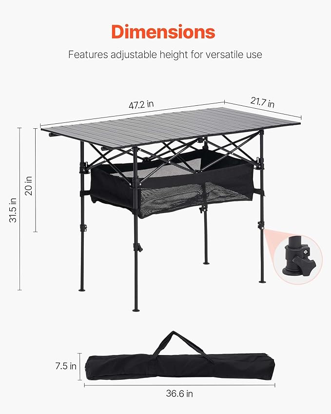 VEVOR Folding Camping Table Portable Roll Up Side Tables Lightweight Aluminum Beach Table for Outdoor BBQ Tailgating Picnic Travel (47 inch-Black)