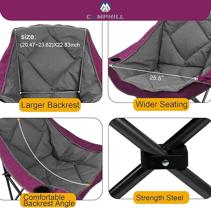 CAMPHILL Folding Camping ChairOversized Portable Camping Chair with Cup Holder and Phone HolderHeavy Duty Padded Lawn Chair for Camping Tailgates Beach and Sports