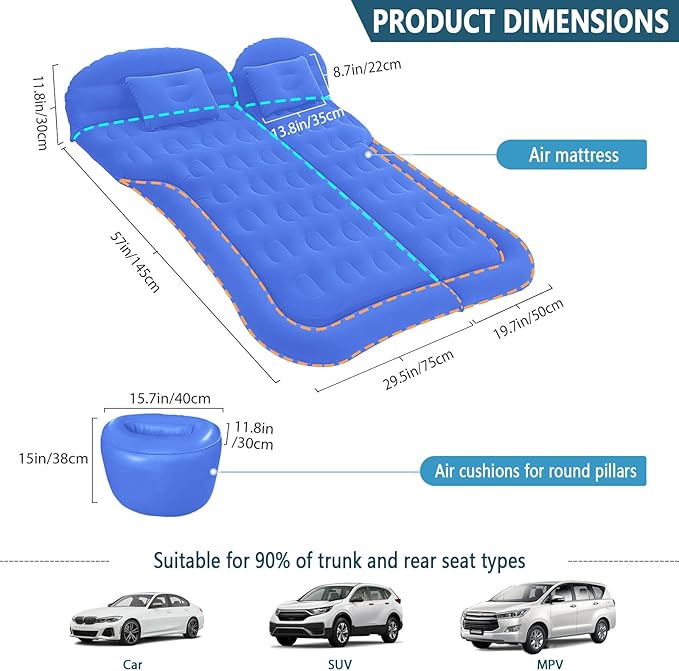 ISWEES Car Bed SUV Air Mattress Car Air Mattress with Home Power Adapter Electric Pump 2 Inflatable Pillows and 2 Footrests for Back Seat Side SeatTrunk Sleeping Thickened Camping Bed - Blue