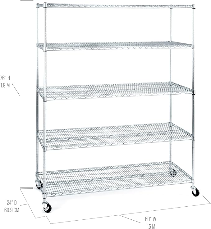 Seville Classics UltraDurable Heavy Duty NSF Solid Steel Wire Rack Storage Unit Wheels 5-Tier Shelving 60 W x 24 D