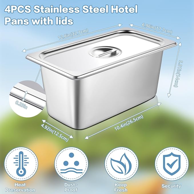 Mwellewm 4 Pack hotel pans with lids 1/3 Size x 6 Inch Deep stainless steel steam table pan Commercial Gauge restaurant supplies anti Rust metal food containers Catering storage for Party Buffet Home