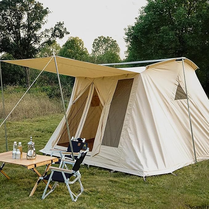 UNISTRENGH Waterproof Cotton Canvas Cabin Tent 4 Season Outdoor Family Camping Tent Shelters with Awning &amp Extra Wide Mesh Doors