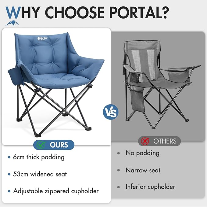 Portal Oversized Padded Camping Chair - Heavy Duty Folding Chair with Cup Holder &amp Side Pocket Supports 350 lbs for Camping Lawn Sports Blue