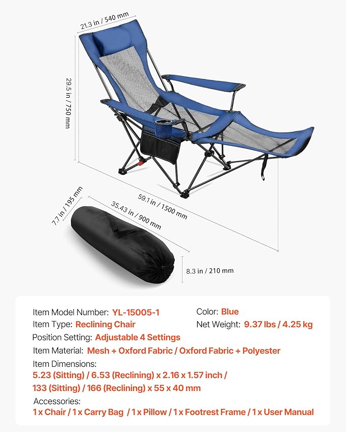 VEVOR Reclining Camping Chair 4 Adjustable Positions Portable Folding Lounger for Adults Mesh Beach Chair with Headrest &amp Foot Rest Supports 220 lbs Heavy Duty Camp Chairs for Patio Blue