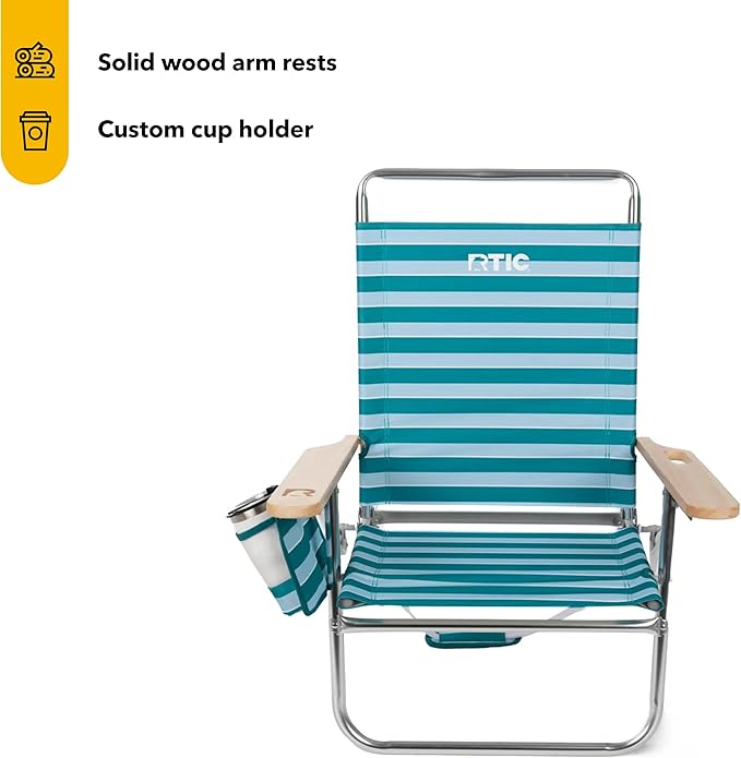 RTIC Beach Chair Folding Lounge Reclining Portable High Back Chairs for Adults Camping Pool with Cup and Accessory Holder Padre Island