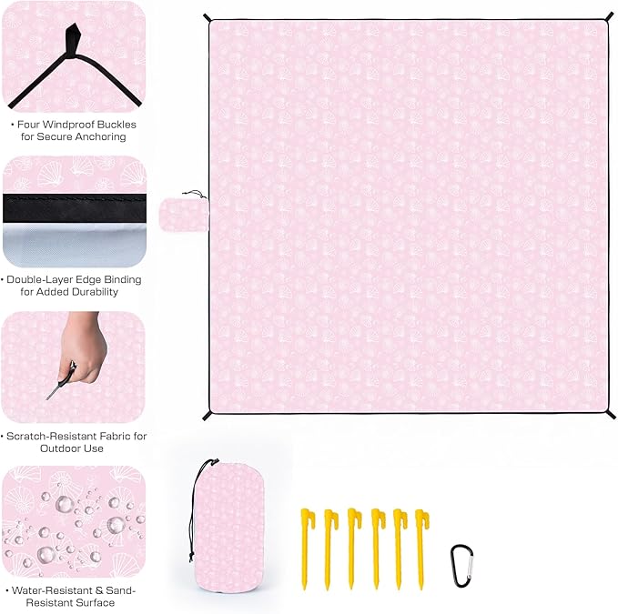OIGAE Family Beach Blanket 7×8 ft Sand-Free Picnic Mat for 1–4 People Quick-Dry Lightweight Outdoor Blanket with Stakes &amp Corner Pockets Shell Pink