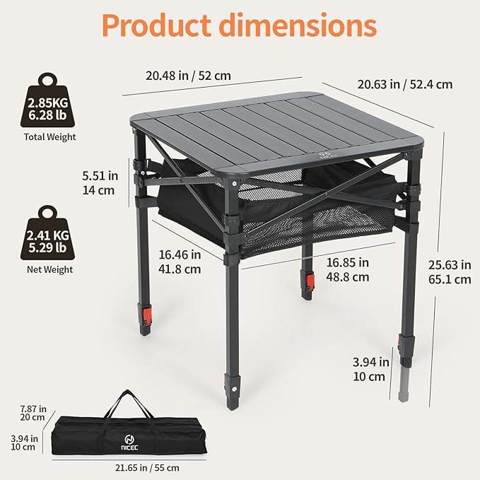 Nice C Aluminum Square Table Adjustable Height Folding Camping Table Lightweight Collapsible Table with Roll-up Tabletop Carry Bag for Outdoor Camping Picnic backyards BBQ (20'' Medium)