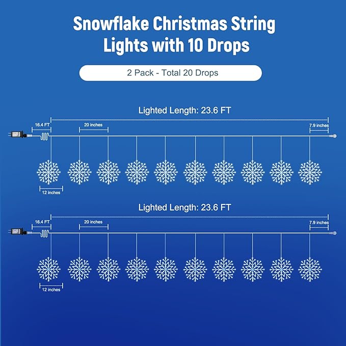 Brightown 2 Pack Christmas Snowflake Icicle Lights Outdoor - Plug-in 23.6ft 10 Drops 480LED Snowflake Window Lights for Indoor Outdoor Porch Eaves Rooftops Christmas Decoration
