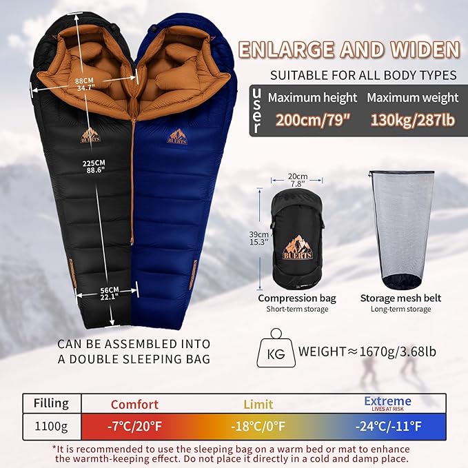 Down Backpacking Sleeping Bag 680FP. Cold Weather Sleeping Bag 0°F-32°F (Multiple Temperature Options) XL Large 4 Season Sleeping Bag for Adults Camping Hiking Mountaineering.