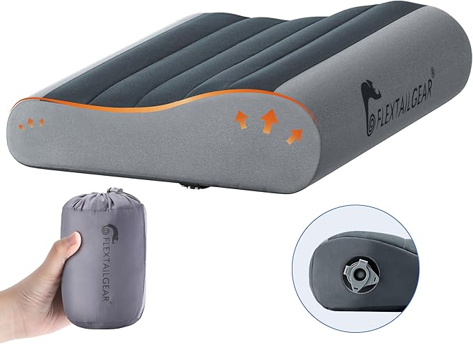 FLEXTAILGEAR Inflatable Camping Pillow Ergonomic Travel Pillow Backpacking Gear with Washable Removable Cover Separate TPU Bladder for Camp Hiking Airplane Road Trip Office