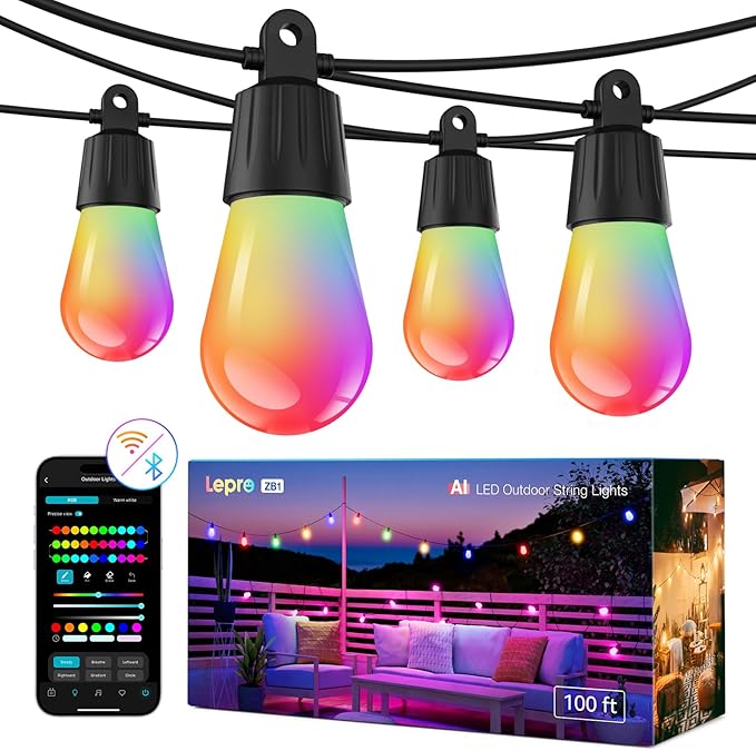Lepro ZB1 AI Smart Outdoor String Lights APP Control 100(88+12) ft RGB+IC+Warm White Outdoor Light 30 LED Bulbs NOT Extendable Alexa Google Enabled Music Sync NO Remote 2.4 GHz WiFi+Bluetooth