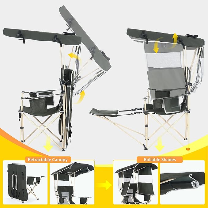 Camping Chairs with Shade Sports Chair with Canopy Folding Camping Chair with Cooler and Cup Holder Foldable and Lightweight for Camping Sports Events &amp Patio (2-Pack with Footrest)