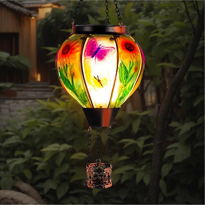 Hot Air Balloon Solar Lantern Butterfly Solars Powered Hot Air Balloon Lantern Outdoor Waterproof Glass Hanging Hots Air Balloons Solar Light for Outdoor Patio Garden Decor