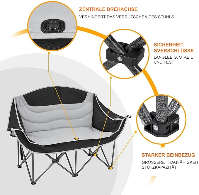 Outdoor Fully Padded Double Camping ChairBeach Folding Loveseat Camping Couch Double Duo Chair Patio Heavy Duty Quad Fold Chair Arm Chair with Cup Hold