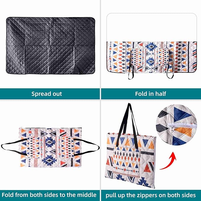 Outdoor Packable Picnic Blanket with Zipper Folds into Tote Bag with Large Storage and Shoulder Strap Waterproof Sandproof for Lawn Beach Hiking Camping (colorful1 Small)