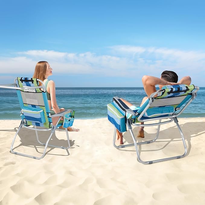 VINGLI 2 Pack Tall Beach Chair 16 with 5-Position Cooler Bag Cup Holders Towel Bar Lightweight Folding Beach Camping Chairs for Adults