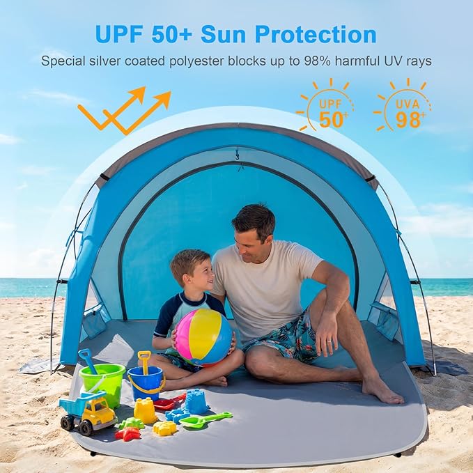 Gorich Beach Tent Sun Shelter with UPF50+ UV Protection for 1-2/3/4-5/6-7 Person Lightweight &amp Portable Beach Shade Canopy with 2 Zippered Doors Easy Setup Family Beach Umbrella