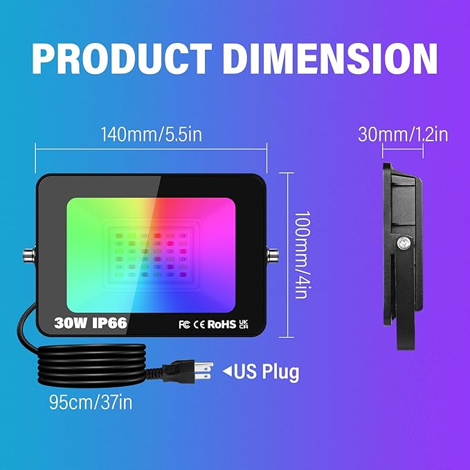RIGIDON 1 Pack 30W LED Flood Light Outdoor with Plug Smart RGB DIY Scenes Color Changing Landscape Lighting with APP Control IP66 Waterproof Flood Lights for Garden Yards Stage House