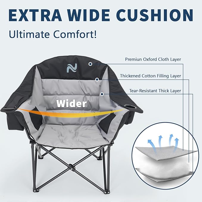 NAIZEA Padded Camping Chairs with Cooler Bag Folding Camping Chair for Adults Outdoor Heavy Duty Heated Lawn Chair for Camp Garden Firepits Patio &amp More