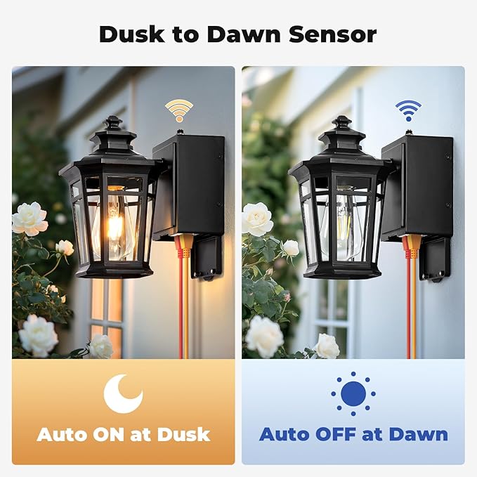 Gleamz Porch Lights with Outlet Black 2-Pack Dusk to Dawn Outdoor Lighting with GFCI Outlet 9in H Exterior Light Fixtures Waterproof Anti-Rust Outside Lights for HouseFront DoorGarageBackyard