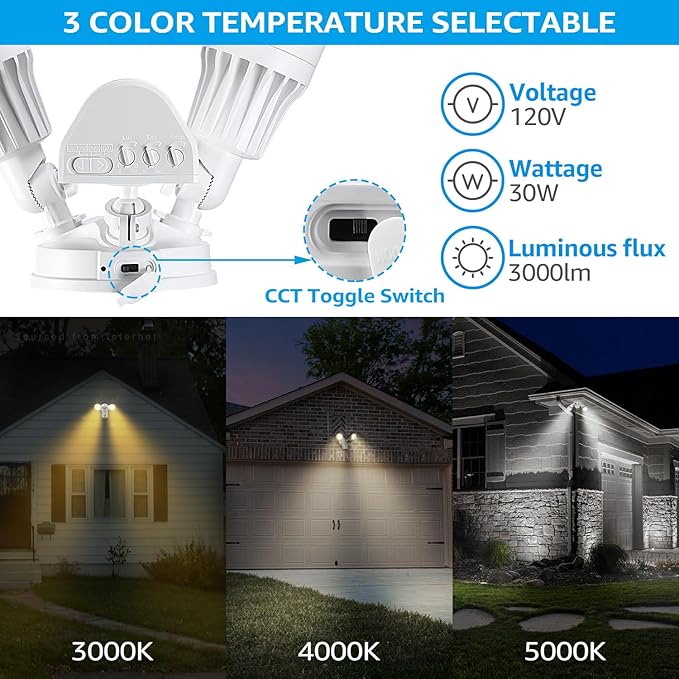 LEONLITE 3CCT LED Security Light Motion Sensor Outdoor Lights Dusk to Dawn ETL Listed Adjustable Heads 3000K4000K5000K Selectable Motion Detector Flood Light for Outside IP65 Waterproof White