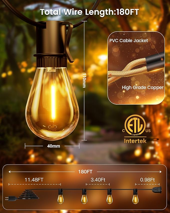 Torkase Outdoor String Lights 180FT Patio Lights with 53 Dimmable S14 Plastic Bulbs 2 Spare 2200K Waterproof Connectable Hanging Lights for Backyard Porch Cafe Party Decor