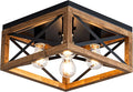 Farmhouse Ceiling Light 4-Light Flush Mount Ceiling Light with Black Metal and Wood Rustic Light Fixture for Hallway Entryway Kitchen