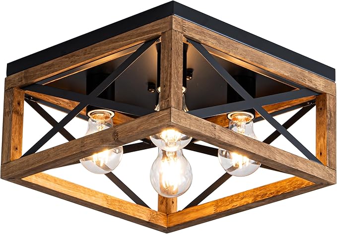 Farmhouse Ceiling Light 4-Light Flush Mount Ceiling Light with Black Metal and Wood Rustic Light Fixture for Hallway Entryway Kitchen