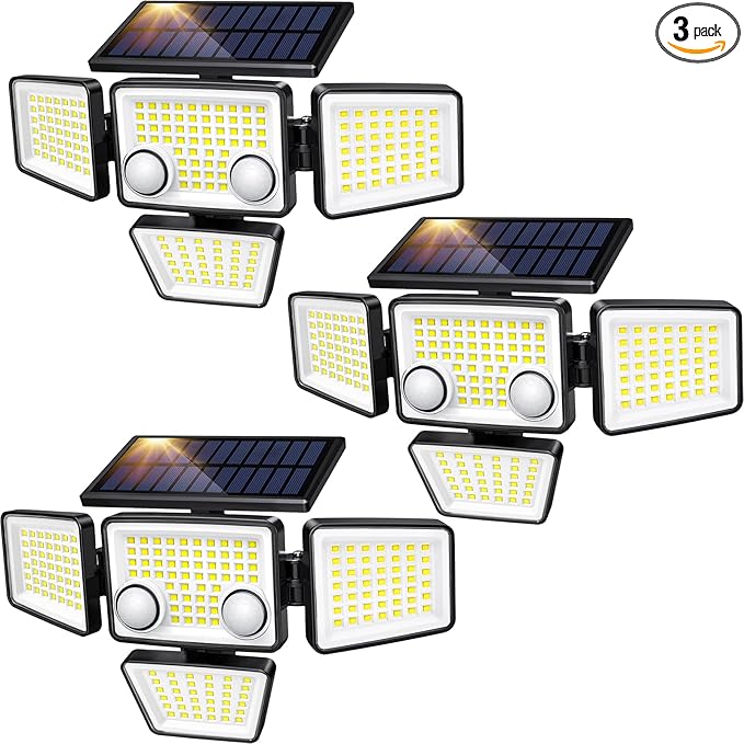 Solar Outdoor Lights - 3000LM 188 LED Motion Sensor Outdoor Lights 4 Heads Security LightIP65 Waterproof Easy Install270°Wide Angle Flood Wall Light with 3 Modes for Backyard Yard (3 Pack)