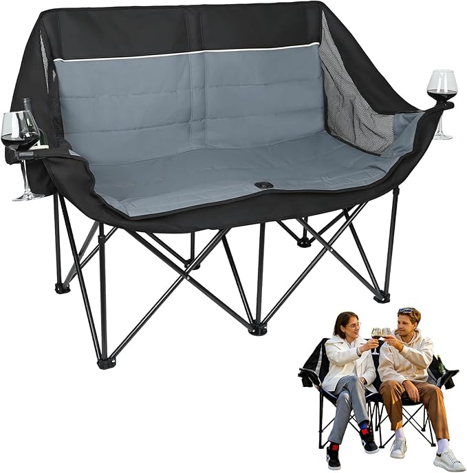 Double Camping Chair for Adults - Heavy Duty 700LB Oversized Padded Camping Loveseat 2 Person Folding Outdoor Chair with Cup Holders for Lawn Backyard (Grey)