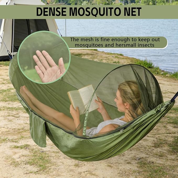 Camping Hammock with Mosquito Net - Double &amp Single Portable Hammocks with 2 Tree Straps Lightweight Hammock Tent for Outdoor Camping Hiking Backpacking Beach &amp Backyard (Army Green)