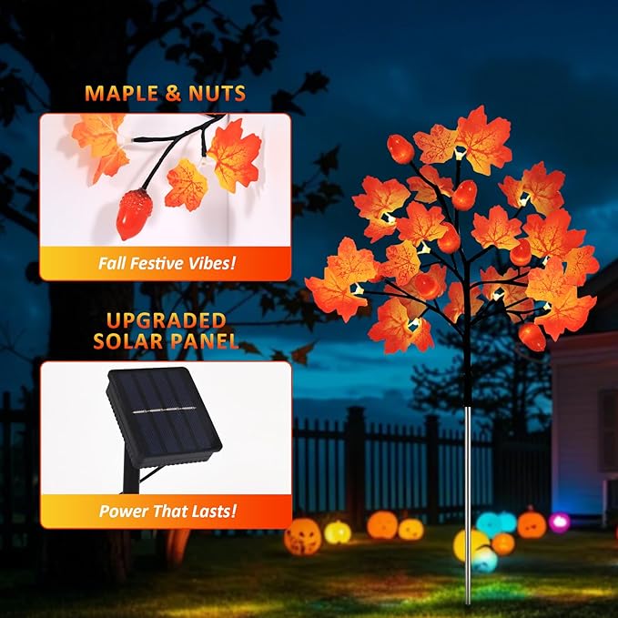 Fall Decorations Outdoor 4-Pack 80LED Maple Leaf Acorn Yard Stake Lights Waterproof Solar Fall Lights Thansgiving Decorations Outdoor for Yard Garden Pathway Harvest Holiday Fall Decor