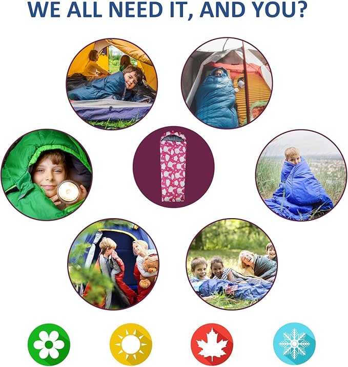 Kids Sleeping Bags - Camping Sleeping Bags with Carry Bag - Compact Sleeping Bag for Hiking Backpacking 3 Season Warm &amp Cool Weather Lightweight Waterproof Outdoor Travel for Boys Girls