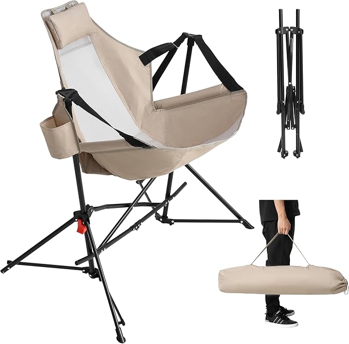Hammock Camping Chair Portable Chairs with Pillow Cup Holder and Carry Bag Lightweight Foldable Chair for Outside Camping Hiking Travel Beach and Sports (Khaki)