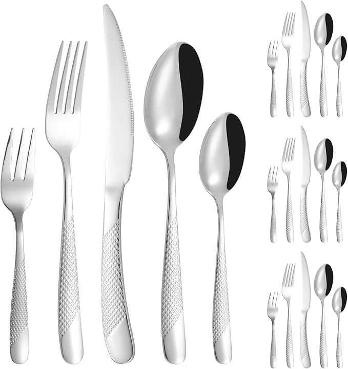 Modern Silverware Hammered 20 Piece Stainless Steel Flatware Set for 4 include Forks Spoons Kinves Kitchen Eating Utensils Mirror Polished Durable Festival Parties and Everyday Use
