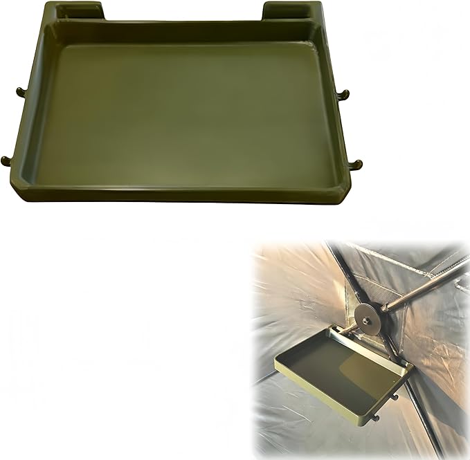 Ice Fishing Hub Blind Table Shelf – Portable Tabletop for Hub Blind Poles Hands-Free Storage Shelf with Hooks for Gloves Tools – Fits 0.4″ Pole (7.5in*5.5in) (Green)