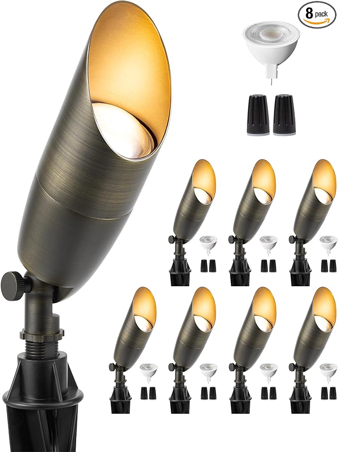 Gardenreet Brass Spot Light Low Voltage - Outdoor Landscape Spotlights LED 12V Landscaping Uplights Small Hard-Wired All Weather Bronze for Backyard Lawn with Warm White Changeable Bulbs (8 Pack)