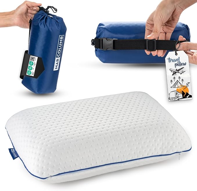 Travel &amp Camping Comfortable Memory Foam Pillow – Easy to Carry Portable Bag – Temperature Regulating Pillow Case - Perfect for Travelling (White)